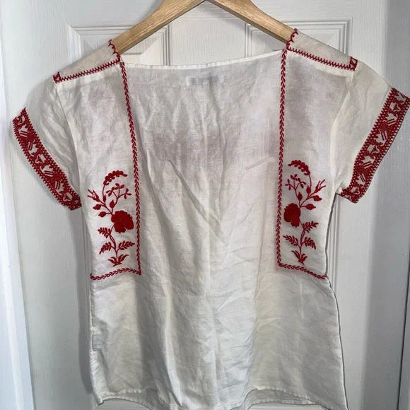 Madewell White Top XXS Red Embroidery Square Neck Short Sleeve Boho Flowy Chic - Picture 3 of 6